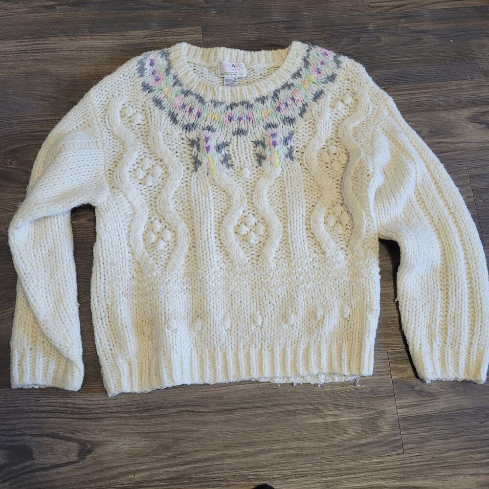 Vintage Collage by Hand Womens 3D KNIIT Wool Blend Sweater S Cream Cottagecore